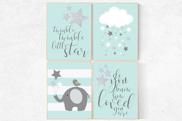 Twinkle twinkle little star nursery, mint gray nursery decor, mint nursery, baby boy nursery decor, elephant nursery, baby room decor