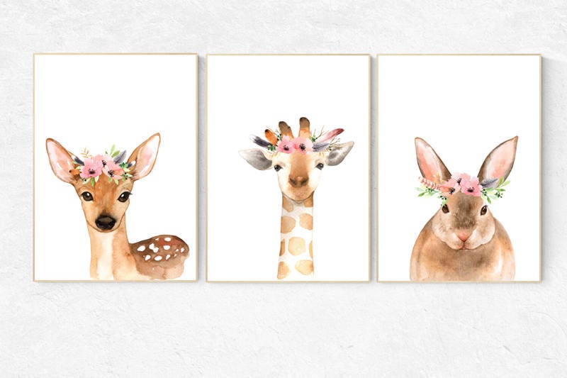 Woodland nursery, flower animal print, Nursery decor girls, Nursery prints woodland, animal flower crown, nursery prints animals, flower