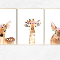 Woodland nursery, flower animal print, Nursery decor girls, Nursery prints woodland, animal flower crown, nursery prints animals, flower