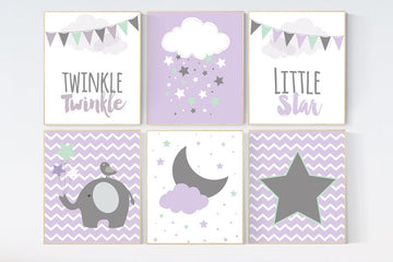 Nursery decor girl purple teal, twinkle twinkle little one, elephant nursery, lilac and mint nursery prints, cloud nursery, lavender, purple