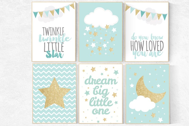 Mint gold nursery, dream big little one, elephant nursery, Mint gold nursery baby shower, set of 6, cloud nursery wall art, nursery wall art