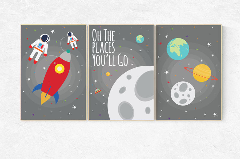 Space nursery decor, gray nursery decor, outer space nursery wall art, Oh the places you&