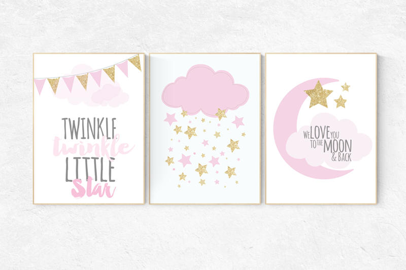 Twinkle twinkle little star, pink gold nursery, girls room decor, cloud nursery wall art, pink and gold, we love you to the moon and back