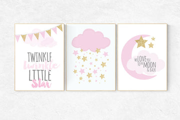 Twinkle twinkle little star, pink gold nursery, girls room decor, cloud nursery wall art, pink and gold, we love you to the moon and back