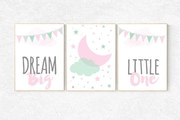 Pink mint nursery decor, dream Big little one, mint and pink nursery decor, playroom nursery room, nursery decor girl girls room coral mint