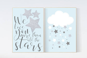 Baby boy nursery wall art, we love you more than all the stars, cloud nursery, blue gray nursery decor, kids room decor, new baby gift