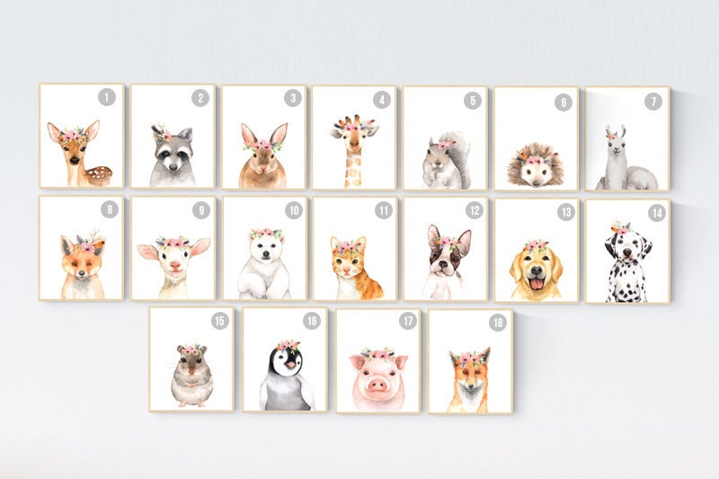 Nursery decor animals,  farm animals, nursery prints woodland, animal flower crown, nursery prints animals, animal prints, nursery wall art