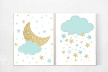 Mint gold nursery, mint nursery decor, Mint and gold baby shower, nursery wall art, nursery prints, baby's nursery room, cloud and stars