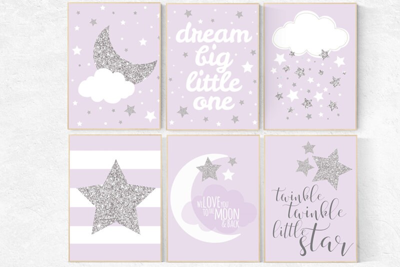 Nursery decor girl purple silver, lavender nursery art, lilac nursery decor, girls room decor purple, twinkle twinkle. dream big little star