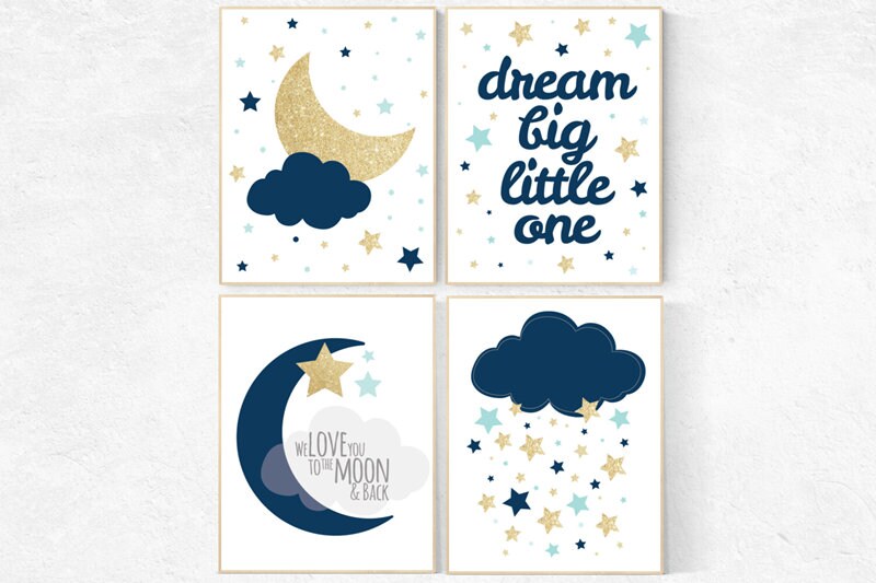 Navy mint nursery, nursery decor boys, dream Big little one, navy mint gold, nursery art,  gender neutral baby room decor, set of 4 prints