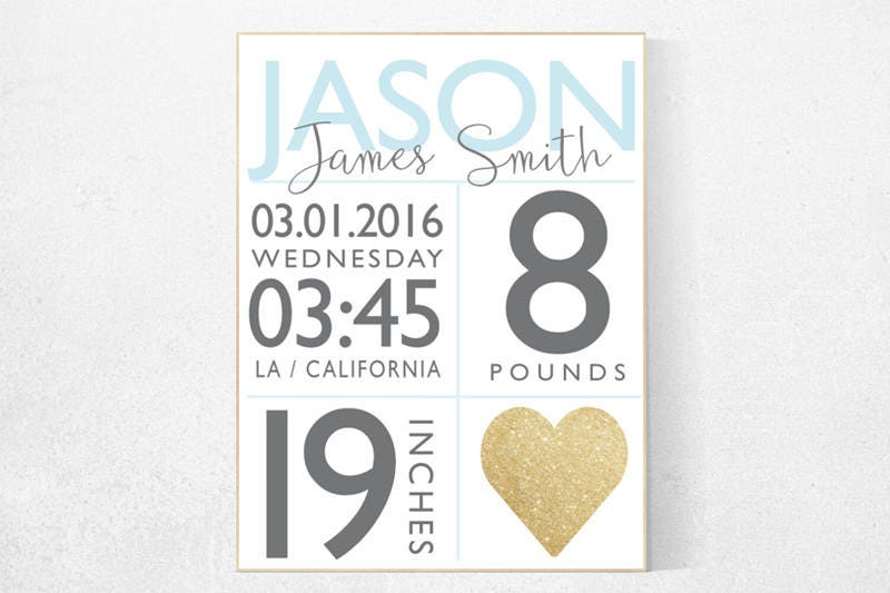 Birth stat print, blue gold nursery decor, nursery prints, blue and gold, baby birth print, baby stats, new baby gift, boys room ideas