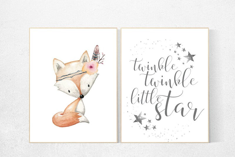 Nursery decor woodland, fox nursery decor, twinkle twinkle little star, tribal nursery decor, woodland nursery, fox print, Woodland Animals