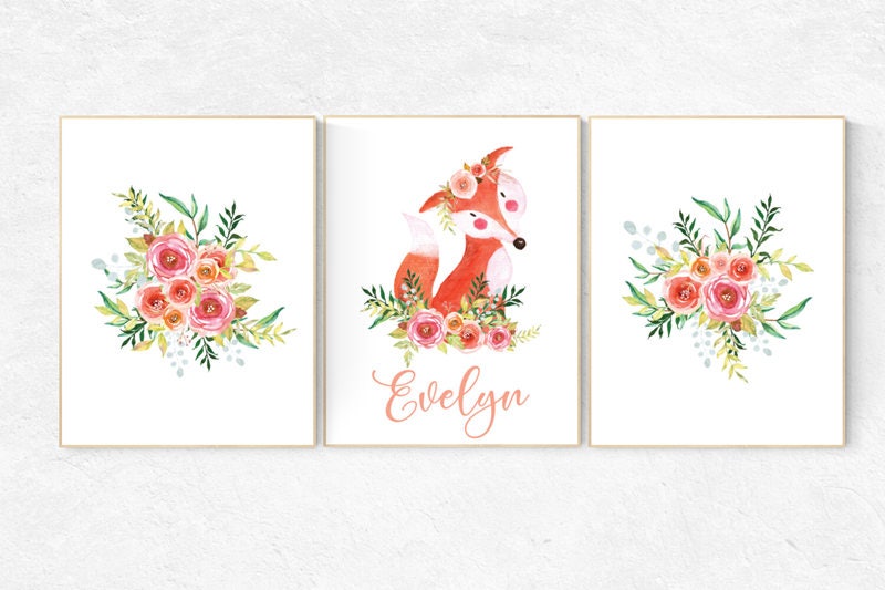 Flower nursery decor, Woodland nursery decor, nursery decor flower, name nursery sign, fox nursery decor, woodland animals, nursery girl