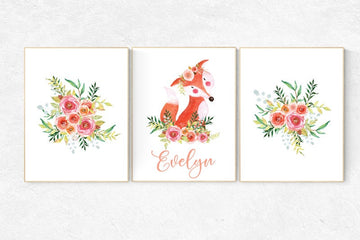 Flower nursery decor, Woodland nursery decor, nursery decor flower, name nursery sign, fox nursery decor, woodland animals, nursery girl