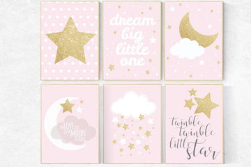 Pink gold nursery art, dream big little one, twinkle twinkle little star, nursery decor, pink and gold, moon nursery, baby girl wall art