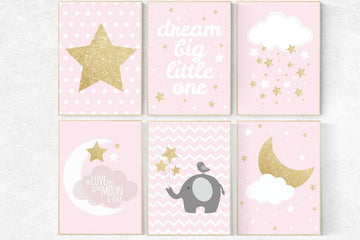 Pink gold nursery art, elephant nursery, dream big little one, twinkle twinkle little star, nursery decor, pink and gold, baby girl wall art