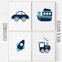 Transportation wall art, vehicles print, navy mint nursery decor, nursery prints boy, navy blue wall art, Nursery decor boy, transportation