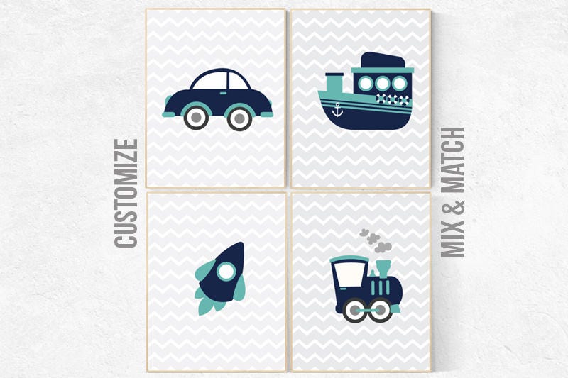 Transportation wall art, vehicles print, navy mint nursery decor, nursery prints boy, navy blue wall art, Nursery decor boy, transportation