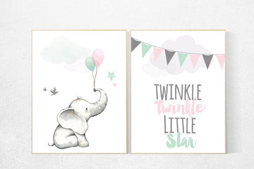 Nursery decor elephant, pink mint nursery decor, pink teal nursery, animal balloons, mint green, pink, animal prints balloons, wall art