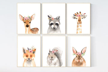 Nursery prints woodland, animal flower crown prints, nursery prints animals, nursery decor girl flower, animal prints, nursery decor flower