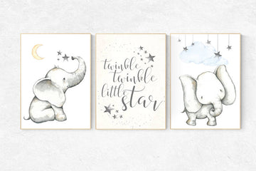 Nursery decor neutral, Elephant decor for nursery, Twinkle Twinkle Little Star, nursery prints elephant, elephant nursery, kids room, animal