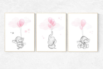 Nursery decor girl, elephant balloon print,  elephant artwork, elephant wall art, baby girl nursery wall art, Elephant Nursery Prints