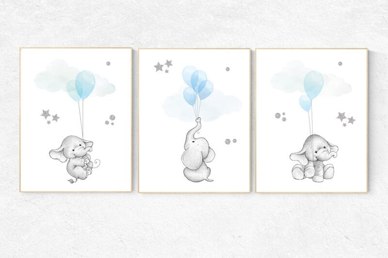 Blue and gray nursery decor, blue silver nursery decor elephant, animal prints, nursery decor boy elephant, baby room, blue silver nursery,