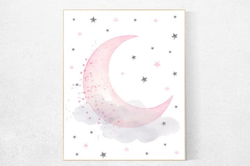 Pink Gray Nursery Decor, Moon nursery art, Moon And Stars Nursery Prints, Baby Girl Prints, baby girl nursery nursery art prints for nursery