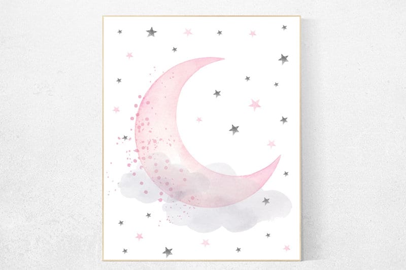 Pink Gray Nursery Decor, Moon nursery art, Moon And Stars Nursery Prints, Baby Girl Prints, baby girl nursery nursery art prints for nursery