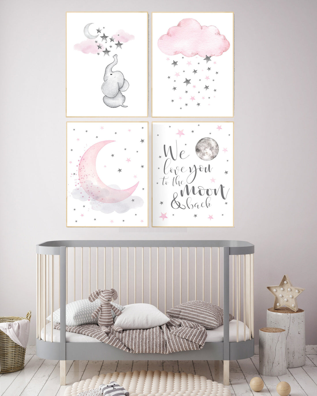 Nursery decor elephant, nursery decor girl elephant, we love you to the moon and back, pink and gray, elephant nursery wall art, baby room