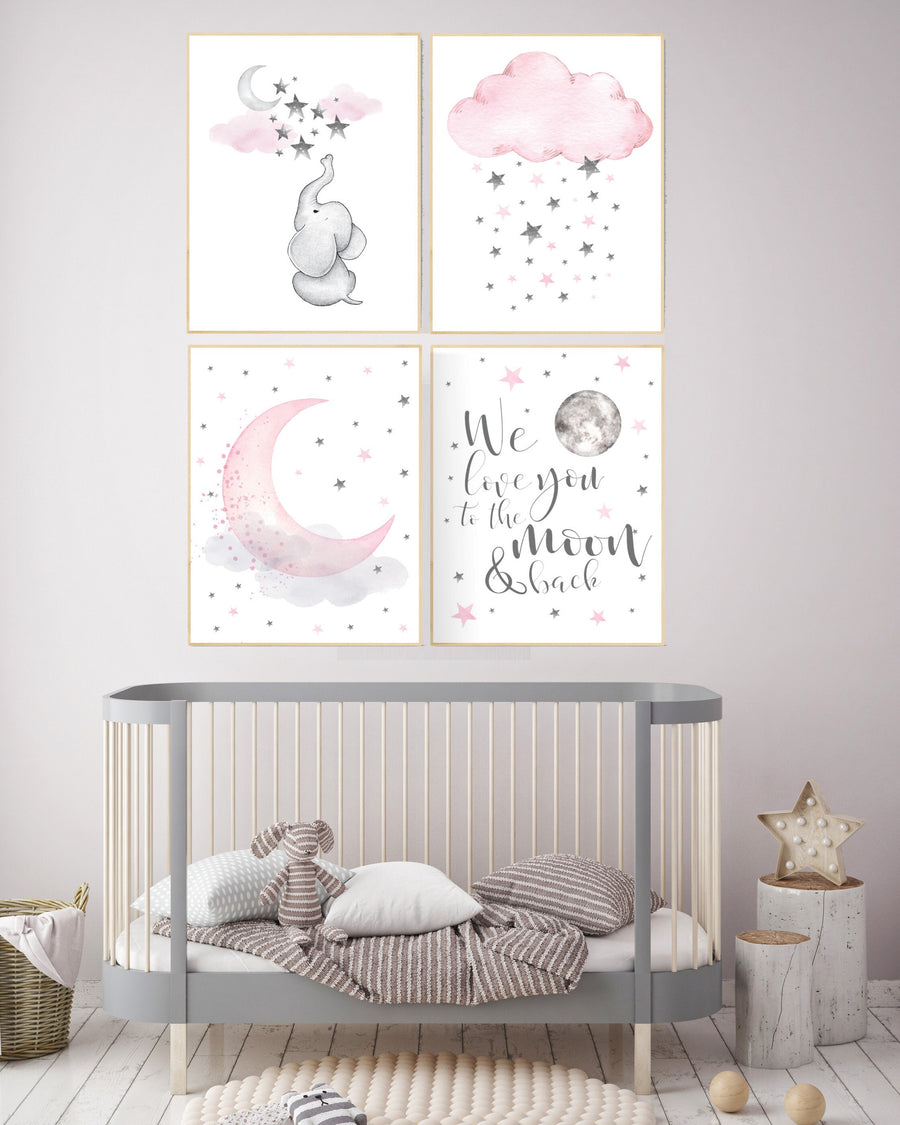 Nursery decor elephant, nursery decor girl elephant, we love you to the moon and back, pink and gray, elephant nursery wall art, baby room