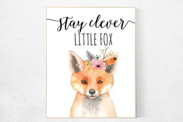 Nursery decor girl flower, fox nursery decor, stay clever little fox, nursery decor girl woodland, Woodland nursery decor, woodland animals