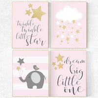 Twinkle twinkle little star nursery, elephant nursery art, pink gold nursery decor, dream big little one, pink and gold, pink nursery art
