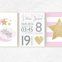 Pink gold nursery decor, nursery decor girl gold, birth stats wall art, baby girl nursery wall art, pink gold nursery decor nursery wall art