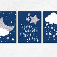 Navy silver nursery, navy silver nursery set, Baby boy nursery decor, twinkle twinkle little star, navy blue, cloud nursery, star nursery