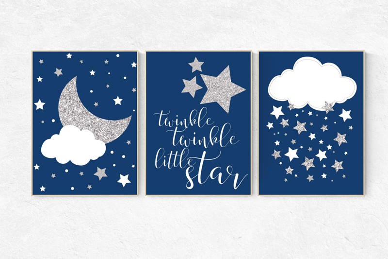 Navy silver nursery, navy silver nursery set, Baby boy nursery decor, twinkle twinkle little star, navy blue, cloud nursery, star nursery