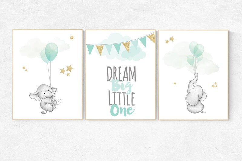 Mint and gold nursery, elephant nursery decor, animal balloon prints nursery, animal balloon prints nursery, animal balloon, neutral nursery