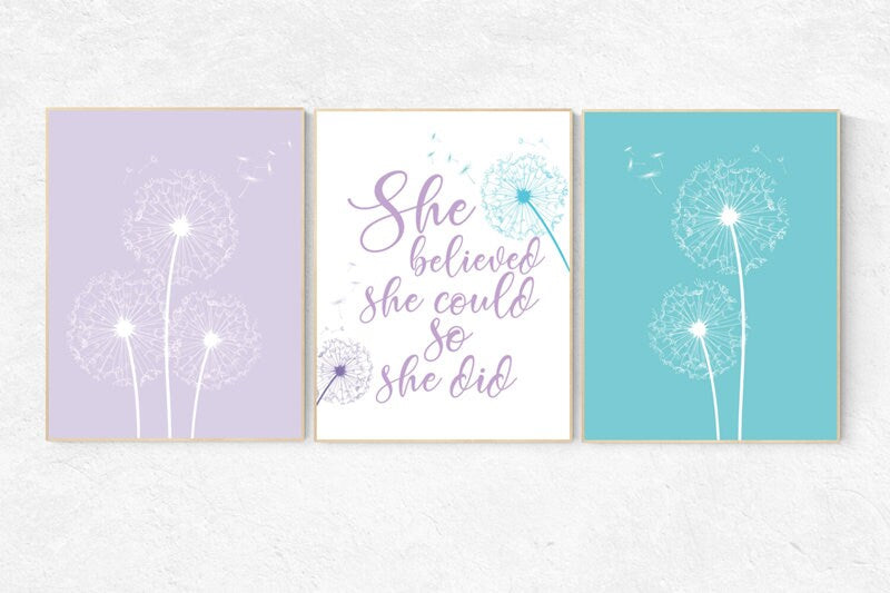Purple teal nursery, she believed she could so she did, girls room decor purple, purple teal decor, lavender teal, nursery decor girls