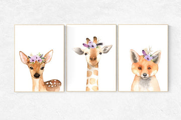 Nursery decor girl purple, animal flower crown, nursery prints animals, nursery decor girl flower purple flower nursery, woodland animals