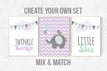 Purple mint nursery, purple mint nursery, twinkle twinkle, nursery decor girl elephant, lavender mint nursery, purple teal nursery, mint