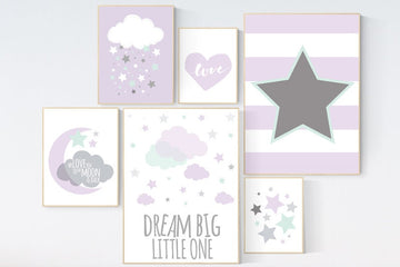Nursery decor girl purple, lilac mint nursery, lavender nursery, nursery decor girl lavender and gray, dream big little one, lavender mint