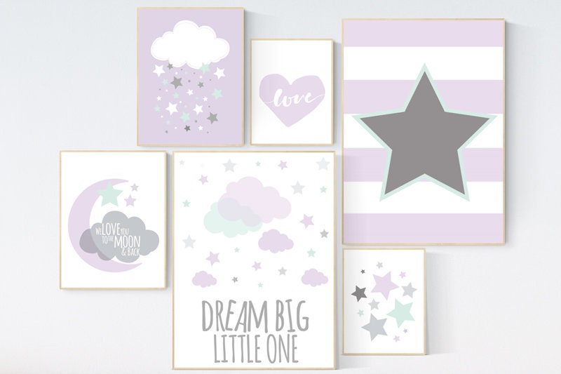 Nursery decor girl purple, lilac mint nursery, lavender nursery, nursery decor girl lavender and gray, dream big little one, lavender mint