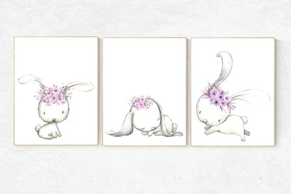 Bunny nursery decor, animal nursery decor girl purple, nursery decor girl bunny, animal flower crown, nursery decor girl lavender and gray