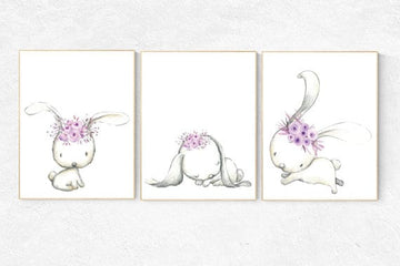 Bunny nursery decor, animal nursery decor girl purple, nursery decor girl bunny, animal flower crown, nursery decor girl lavender and gray