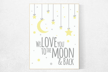 We love you to the moon and back, yellow nursery decor, moon and stars, gender neutral nursery, yellow gray nursery decor, nursery wall art