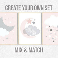 Pink and gray nursery, moon and back, nursery decor girl, rose nursery decor, pink nursery art, star nursery decor, pale pink, moon nursery