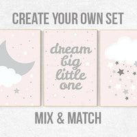 Pink nursery art, dream big little one, nursery decor, pale pink, pink gray, pink grey, moon nursery, baby girl nursery wall art, girls room