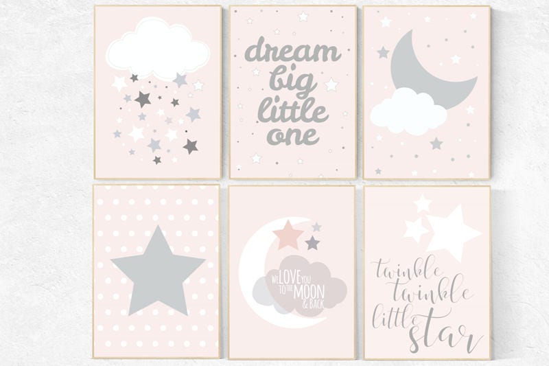 Pink nursery art, dream big little one, twinkle twinkle little star, nursery decor, pink gray, pink grey, moon nursery, nursery decor pink