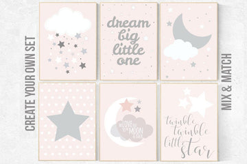 Pink nursery art, dream big little one, twinkle twinkle little star, nursery decor, pink gray, pink grey, moon nursery, nursery decor pink