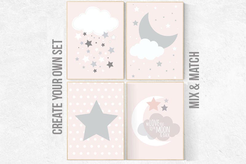 Pink gray nursery art, nursery decor, pale pink, pink gray, pink grey, moon nursery, moon and back, pink nursery wall art, girls room decor